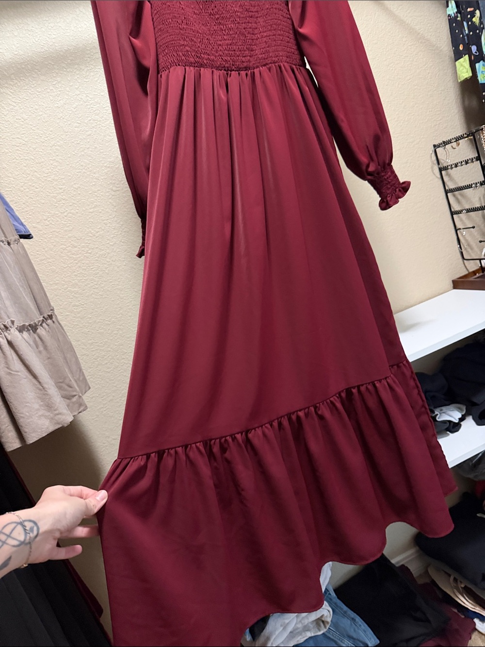 SHEIN Burgundy Long Sleeve Smocked Square-Neck Midi Dress - Picture 3 of 5